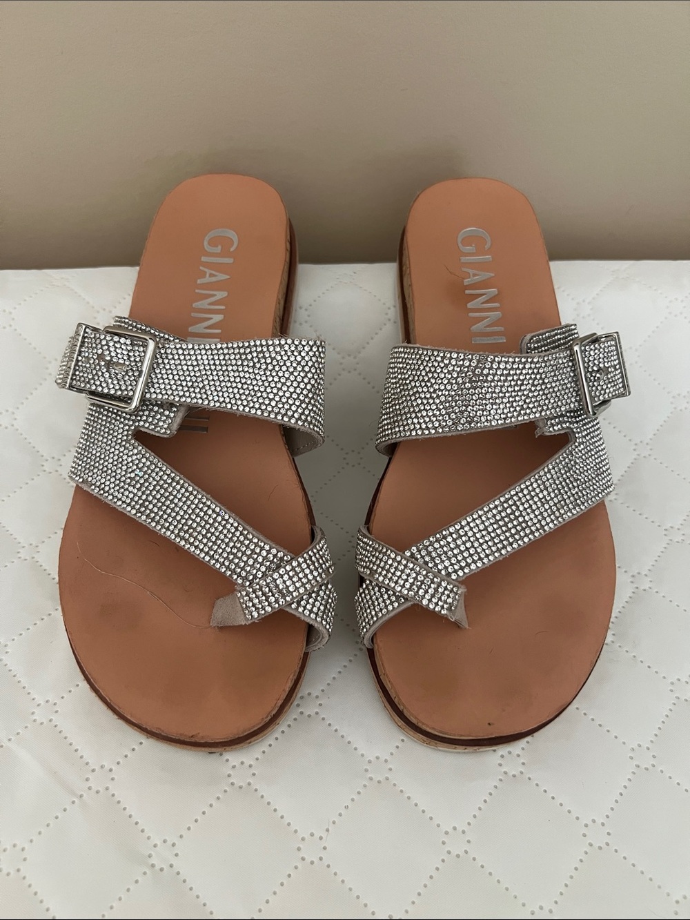 Gianni Bini Silver Rhinestone Buckle Slide Sandals